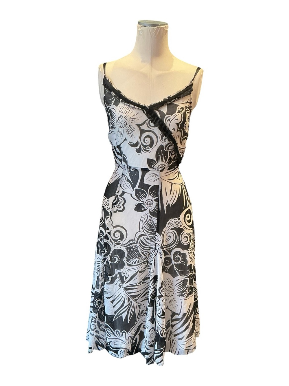 Vintage Y2K Lecomte Lace Trim Floral Print Midi Dress
